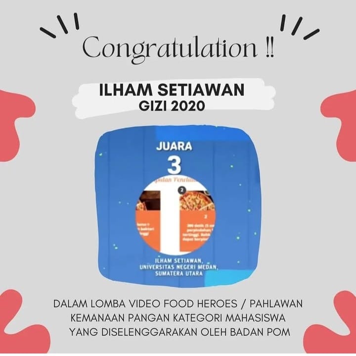 JUARA 3 DALAM LOMBA VIDEO FOOD HEROES / PAHLAWAN KEMANAAN PANGAN KATEGORI MAHASISWA  YANG DISELENGGARAKAN OLEH BADAN POM